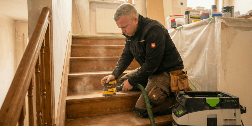 Holztreppe renovieren in Mannheim – Stufen mit DeWalt Schleifer bearbeiten