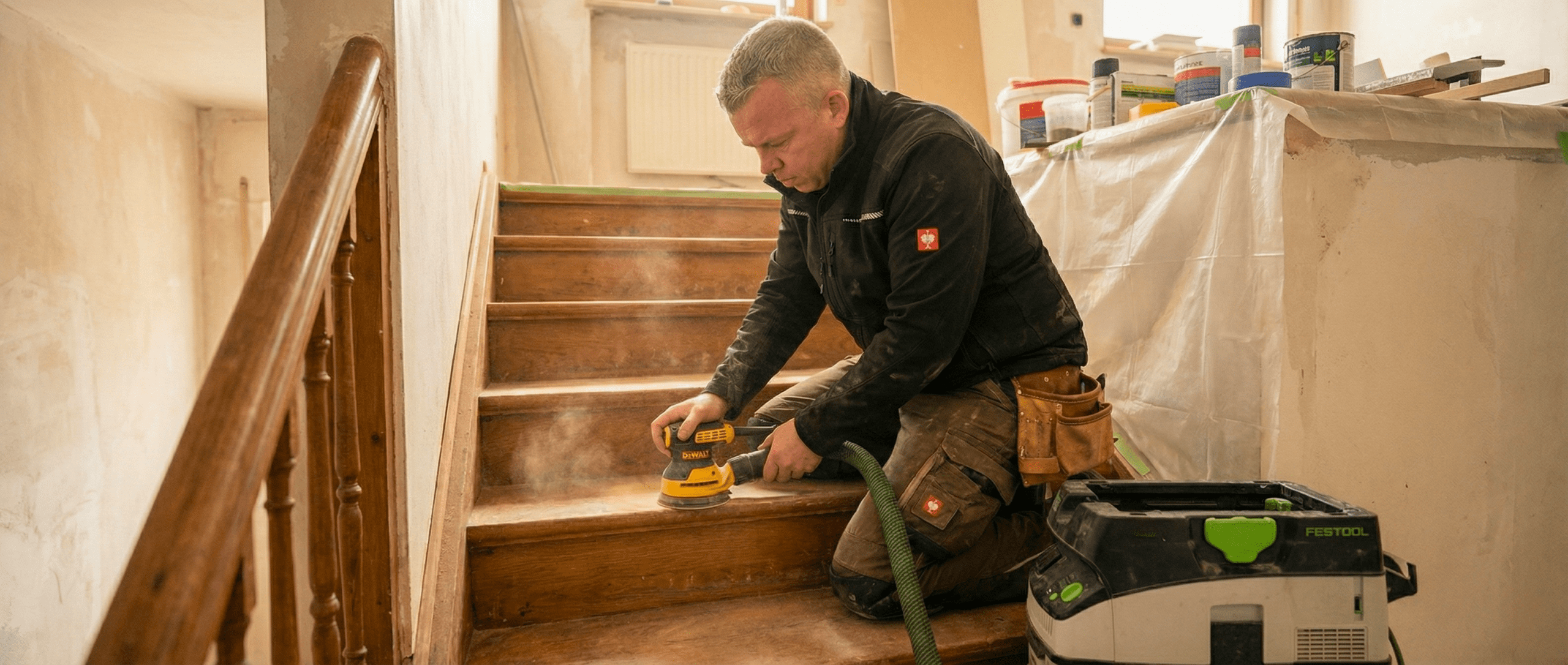 Holztreppe renovieren in Mannheim – Stufen mit DeWalt Schleifer bearbeiten