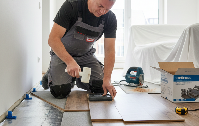 David Fixhaus: Professionelle Bodenverlegung in Mannheim und Umgebung. Fachmann verlegt modernes Laminat (oder Vinyl/Parkett) in Engelbert-Strauss Arbeitskleidung. Zuverlässige Renovierungsarbeiten