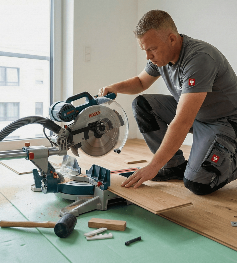 David FixHaus schneidet Laminat präzise mit einer Bosch Gehrungssäge – professionelle Bodenverlegung in Mannheim.