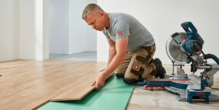 David FixHaus bei der professionellen Laminatboden-Montage in Mannheim – präzise Arbeit, Engelbert-Strauss-Arbeitskleidung, Bosch-Maschinen.