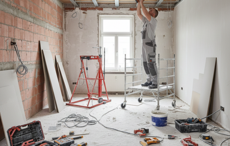 David Fixhaus Trockenbau: Fachmann montiert Gipskartonplatten an abgehängter Decke in deutscher Wohnung. Realistische Innenrenovierung in Engelbert-Strauss Arbeitskleidung.
