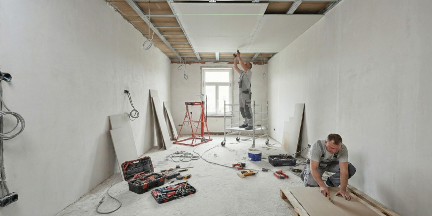 Trockenbau und Deckenmontage in Mannheim – professionelle Raumaufteilung durch David FixHaus während der Montage von Gipskartonplatten.