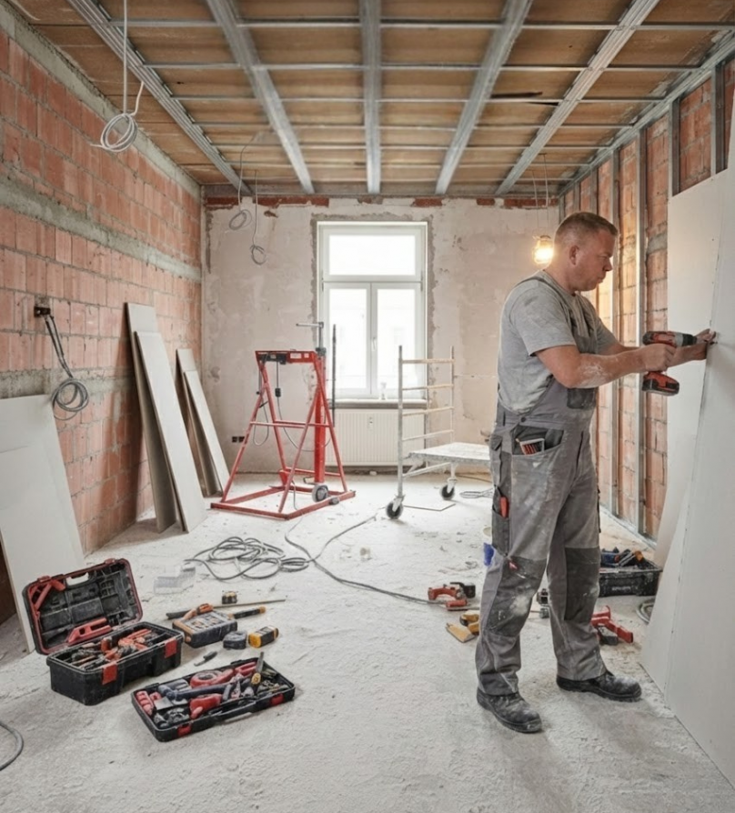 Handwerker David FixHaus montiert Gipskartonplatten an Trockenbau-Profilen in einer Renovierungswohnung in Mannheim
