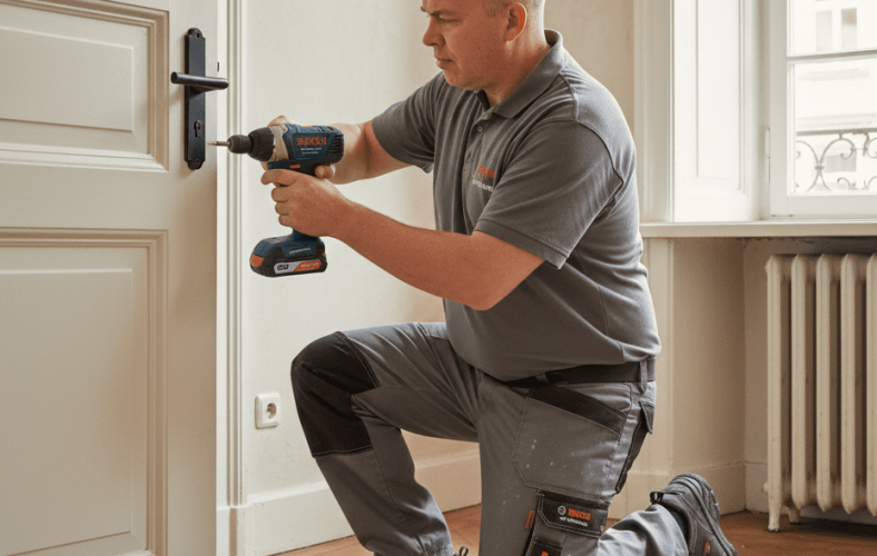 David Fixhaus: Montage einer neuen Türgriff-Garnitur im Altbau Mannheim. Fachmann für Kleinreparaturen in der Region. Altbau-Charme, professionelle Arbeit.