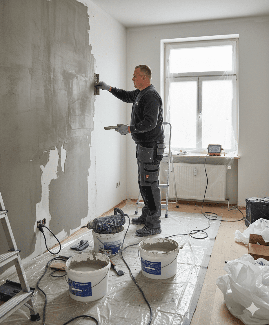 Professioneller Handwerker bei Spachtelarbeiten in einer deutschen Wohnung. Realistische Innenrenovierung in grau-schwarzer Engelbert-Strauss Arbeitskleidung