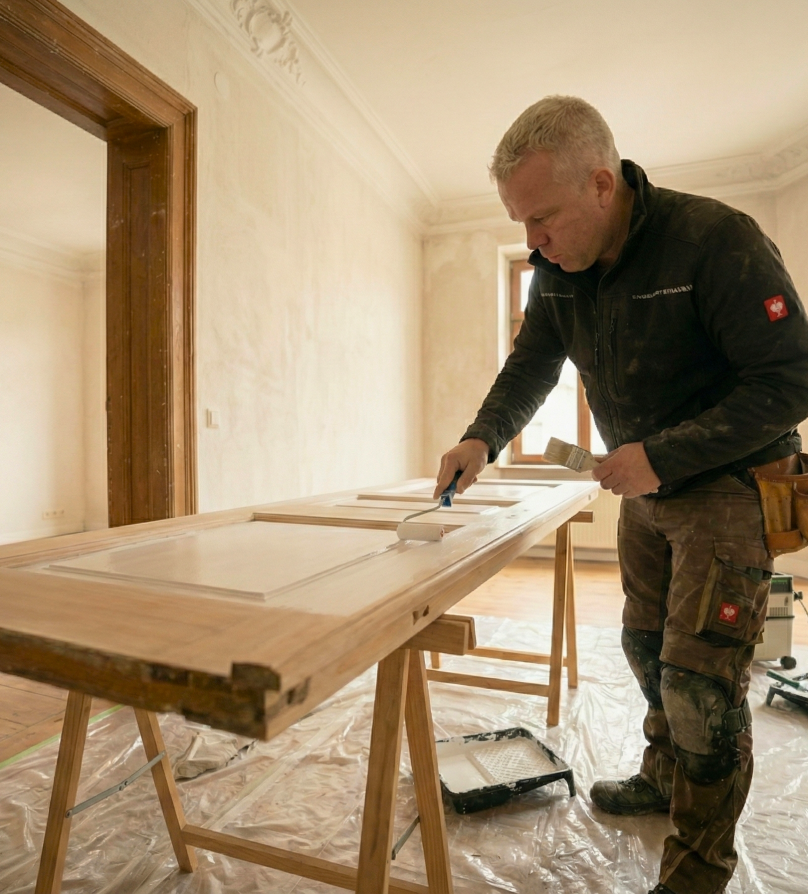 Holztür Renovierung in Mannheim – Altbau-Tür auf Böcken lackieren