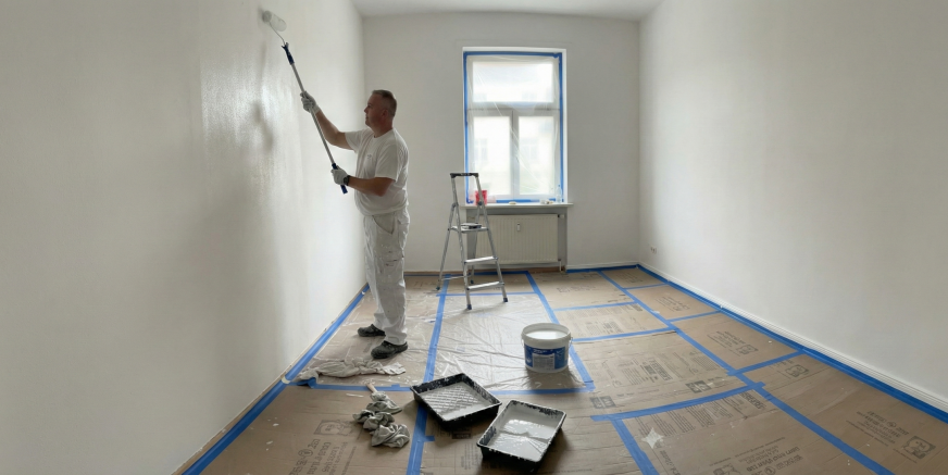 Professionelle Malerarbeiten in Mannheim: Maler streicht Wand weiß, Boden und Fenster sind fachgerecht abgeklebt. Zuverlässige Oberflächenbearbeitung von David Fixhaus.