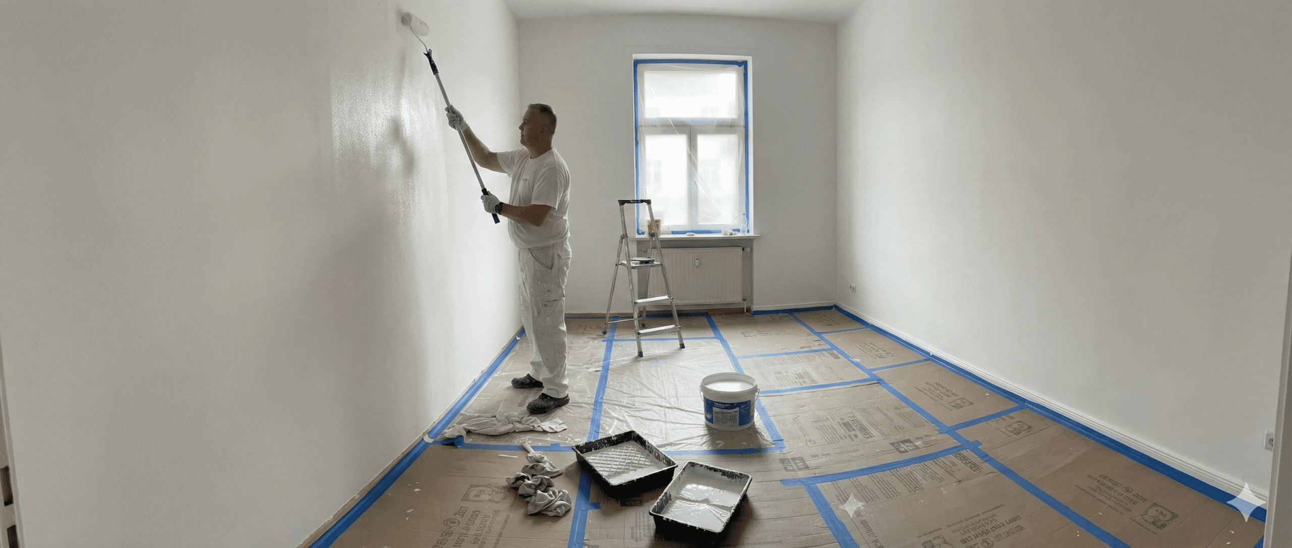 Professionelle Malerarbeiten in Mannheim: Maler streicht Wand weiß, Boden und Fenster sind fachgerecht abgeklebt. Zuverlässige Oberflächenbearbeitung von David Fixhaus.