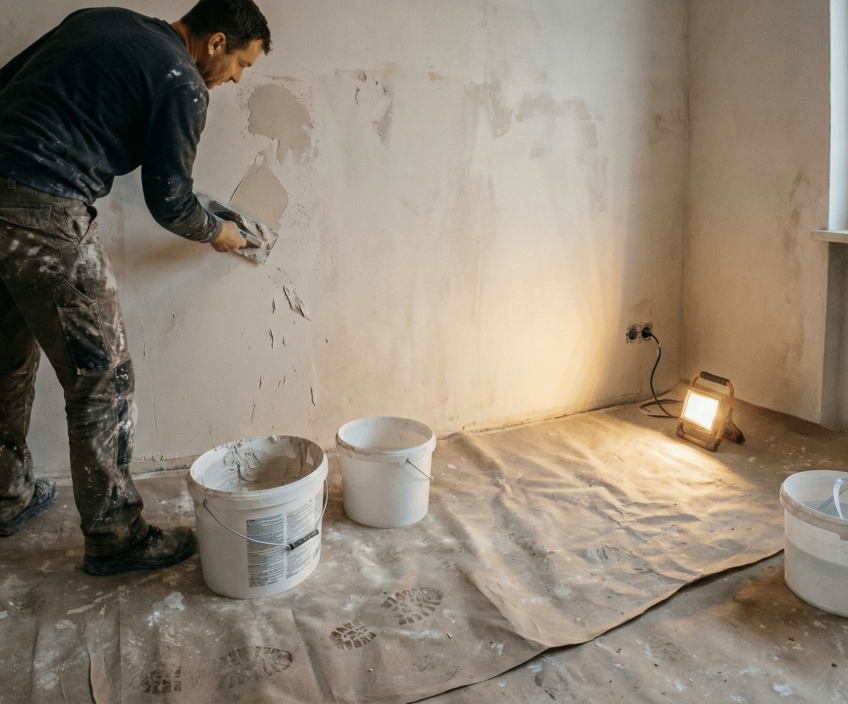 Handwerker führt Spachtelarbeiten an einer Innenwand in einer deutschen Altbauwohnung im Winter aus