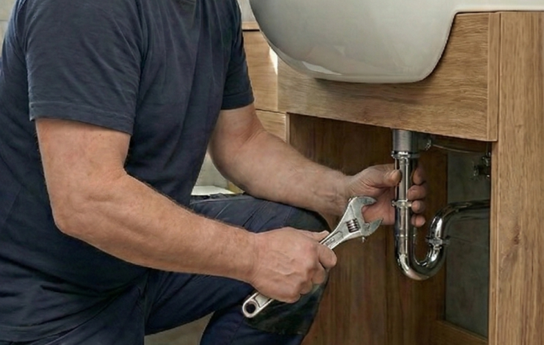 Fachgerechte Sanitärarbeiten: Montage und Anschluss von Sanitärkomponenten unter dem Waschbecken.