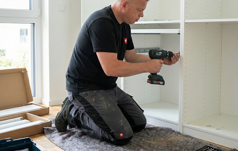 Professioneller Handwerker bei der Montage eines IKEA PAX Kleiderschranks mit einem Akkuschrauber in Mannheim.