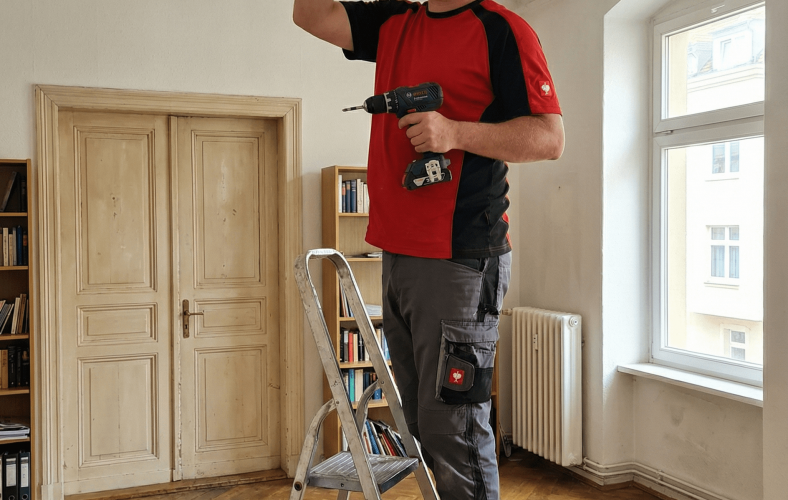 Ein Elektriker bei der fachgerechten Montage eines Lichtschalters in einer Wohnung in Mannheim und Umgebung.