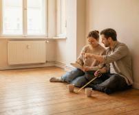 Paar plant ruhig die Renovierung einer leeren Wohnung vor Beginn der Arbeiten