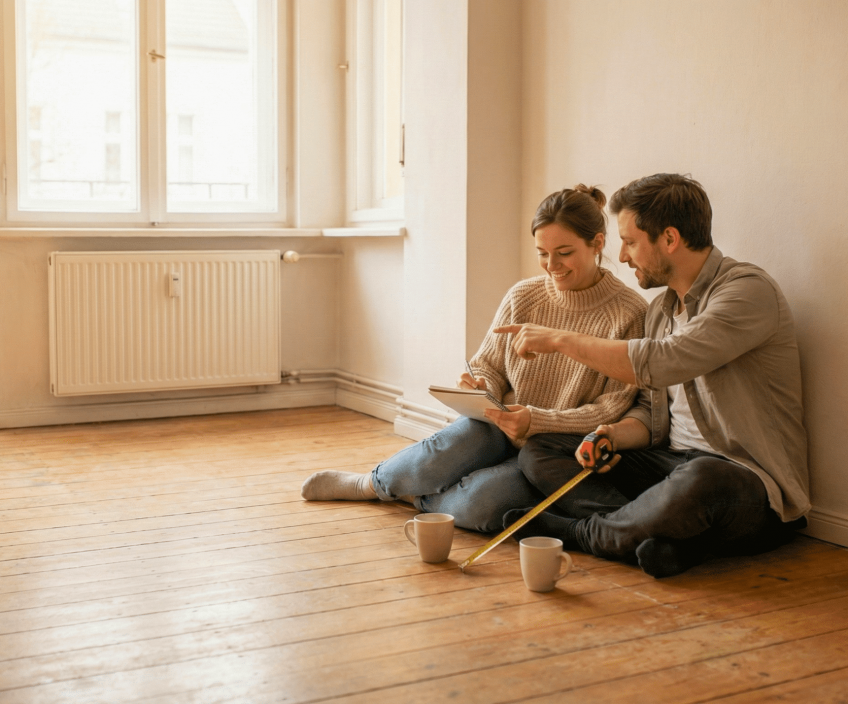 Paar plant ruhig die Renovierung einer leeren Wohnung vor Beginn der Arbeiten