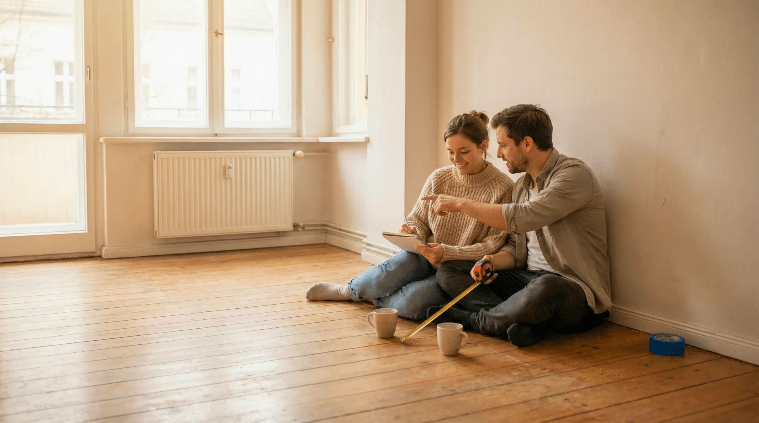Paar plant ruhig die Renovierung einer leeren Wohnung vor Beginn der Arbeiten