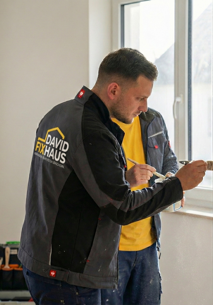 Handwerker von David FixHaus beim professionellen Lackieren eines Holzrahmens während einer Renovierung in Mannheim.