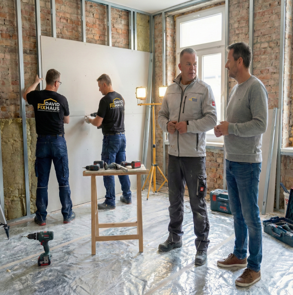 David FixHaus bei der Montage einer Trockenbau-Trennwand in Mannheim, zweite Kameraperspektive.