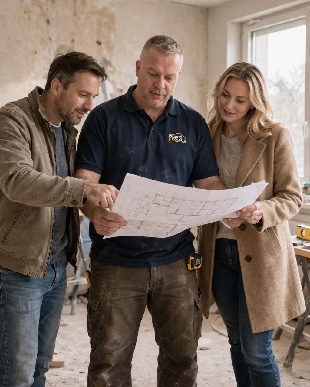 Handwerker bespricht Renovierungsplan mit deutschem Ehepaar bei Beratung vor Ort