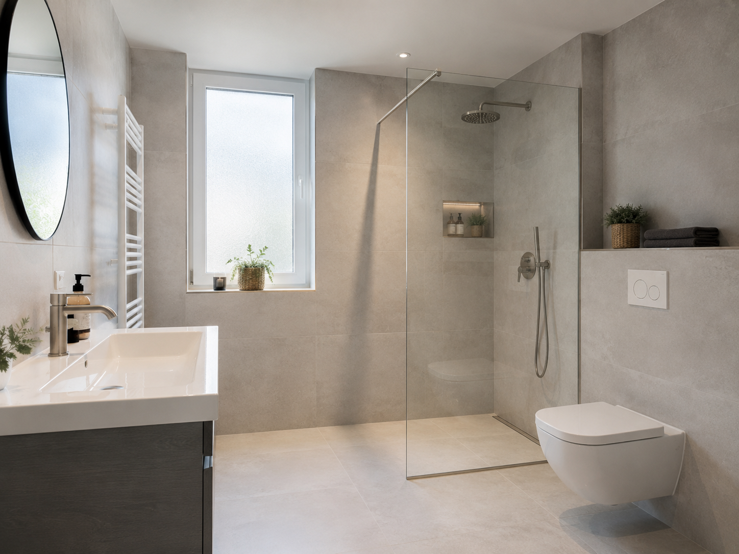 Saniertes Badezimmer mit bodengleicher Dusche und großformatigen Fliesen