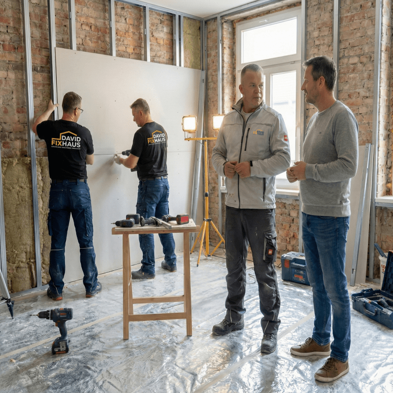 David Piotrowicz von David Fix Haus bespricht mit einem Kunden eine Altbau-Renovierung in Mannheim, während sein Team Trockenbauwände montiert
