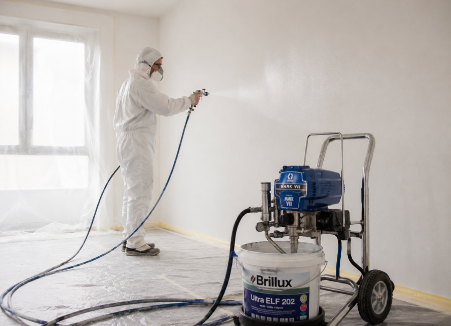 Malerarbeiten in Heidelberg: Wände werden mit Markenfarbe im Airless-Verfahren gestrichen