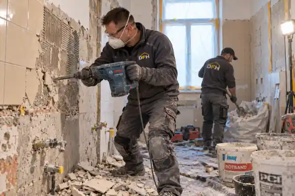Mitarbeiter stemmt alte Wandfliesen im Bad mit dem Abbruchhammer ab, Schutt in Eimern auf dem abgedeckten Boden