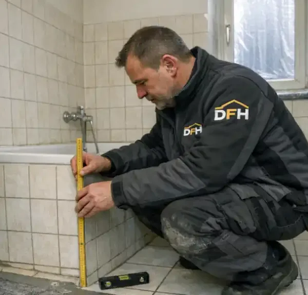 Badewanne durch Dusche ersetzen im Altbau: Handwerker misst die alte Wanne und die Bodenhöhe mit Zollstock und Wasserwaage