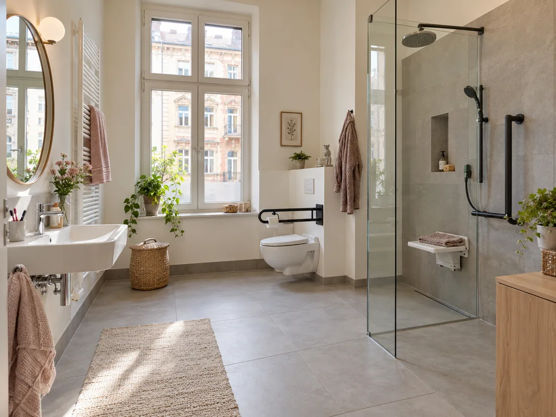 Barrierefreies Bad in einer Mannheimer Altbauwohnung mit bodengleicher Dusche, Duschklappsitz, Stützklappgriff und unterfahrbarem Waschtisch