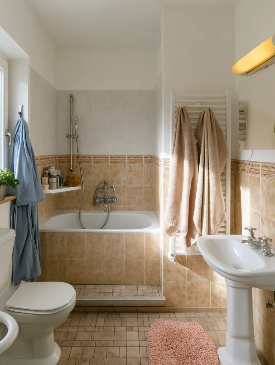 Bad in Mannheim vor dem barrierefreien Umbau mit hoher Badewanne, Stufe zur Wanne und Waschbecken auf Standfuß