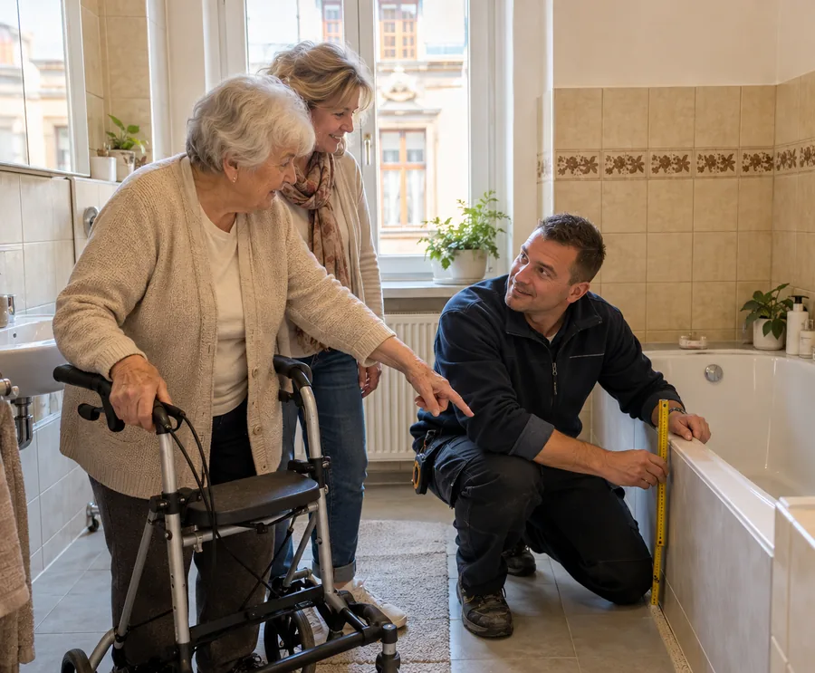 Kostenlose Beratung vor Ort in Mannheim: Seniorin mit Rollator zeigt auf den hohen Wannenrand, der Wannenrand wird ausgemessen