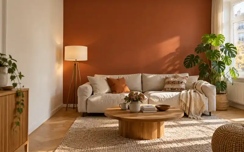 Wohnzimmer mit Akzentwand in warmem Terrakotta