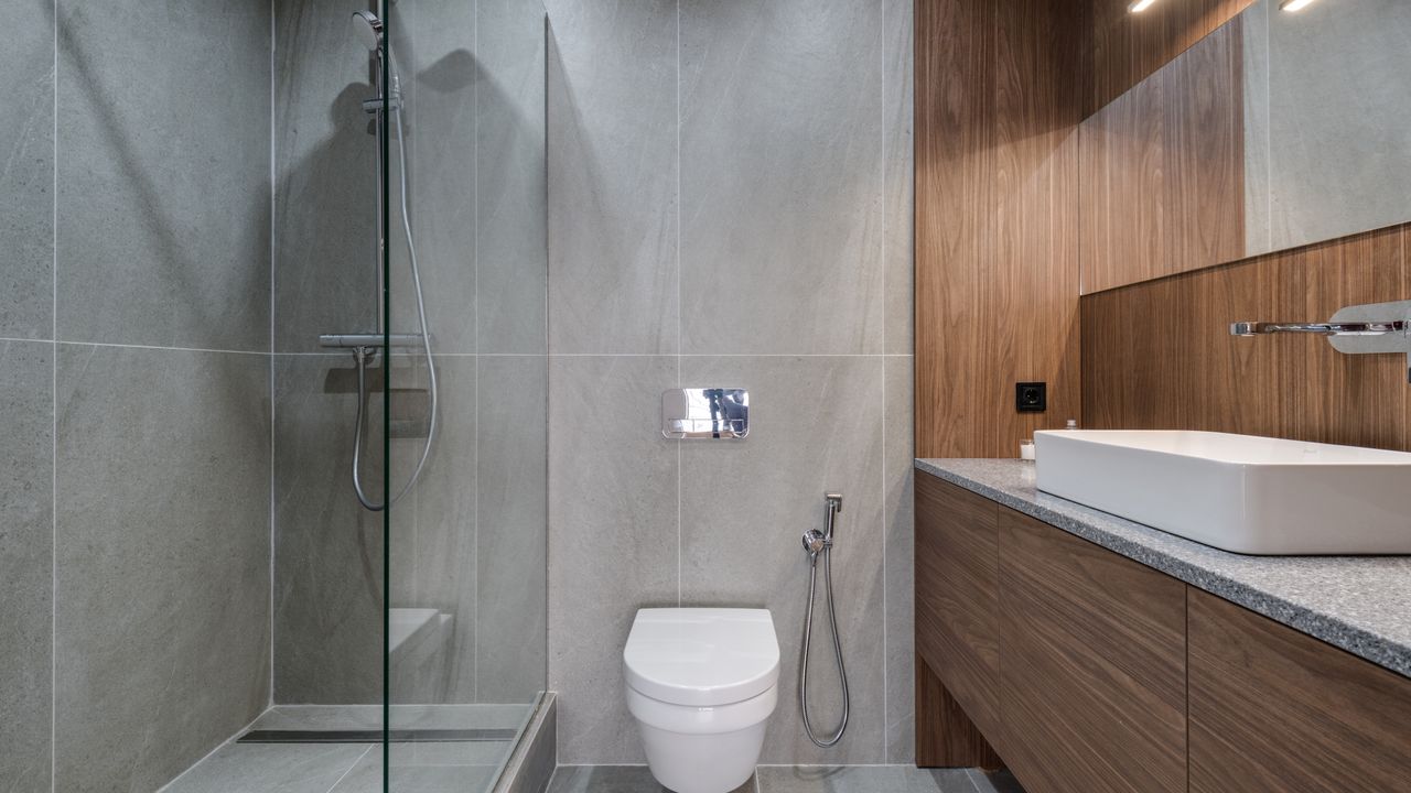Modernes Bad mit flacher Duschtasse, Glaswand, Wand-WC und Waschtisch mit Holzfront