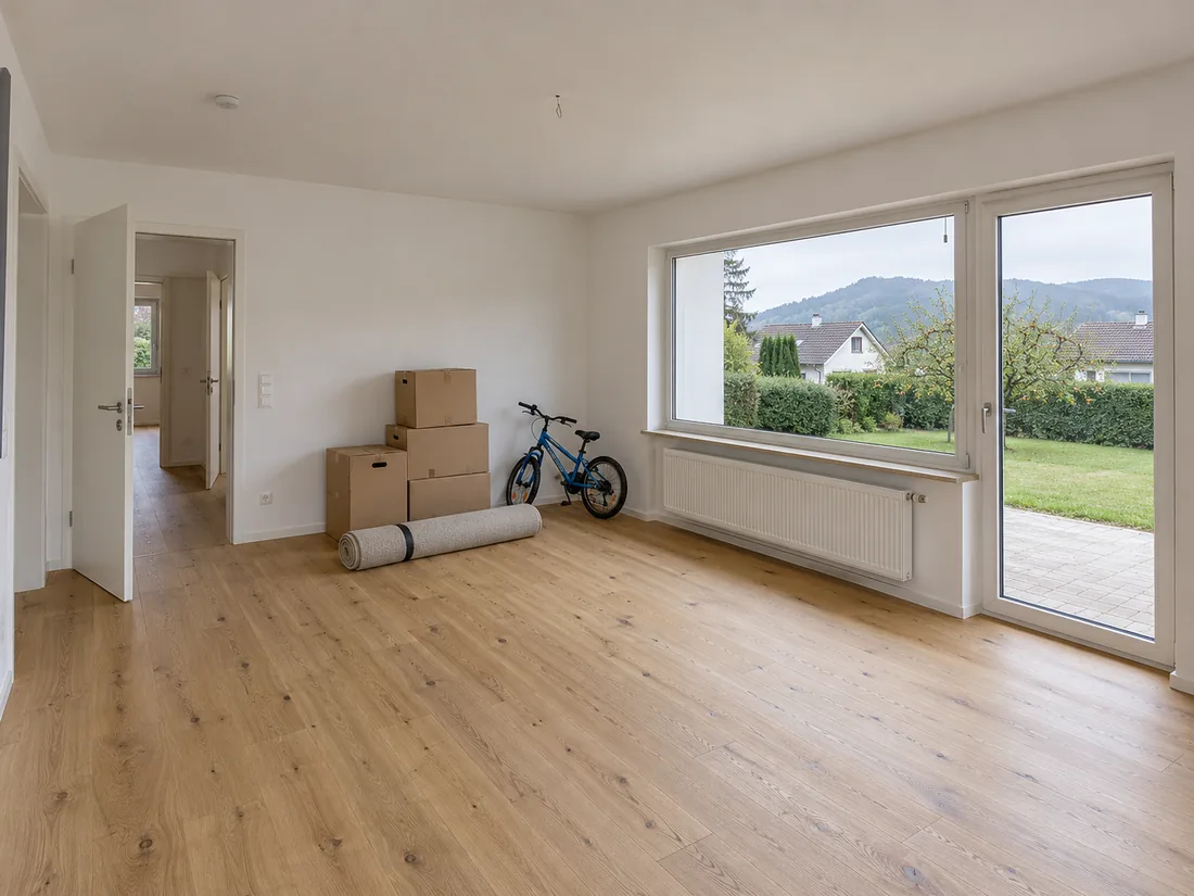 Eigenheim in Weinheim vor dem Einzug modernisiert: neuer Holzboden, frisch gestrichene Wände und Blick in den Garten mit dem Odenwald