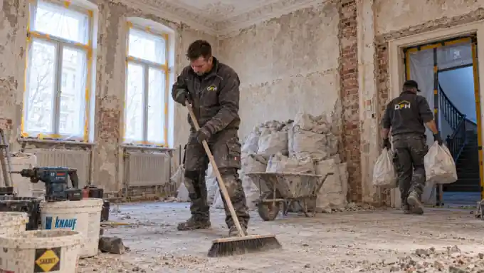 Mitarbeiter fegen eine entkernte Altbauwohnung, Bauschuttsäcke und Schubkarre im Raum, Fenster mit Folie abgeklebt