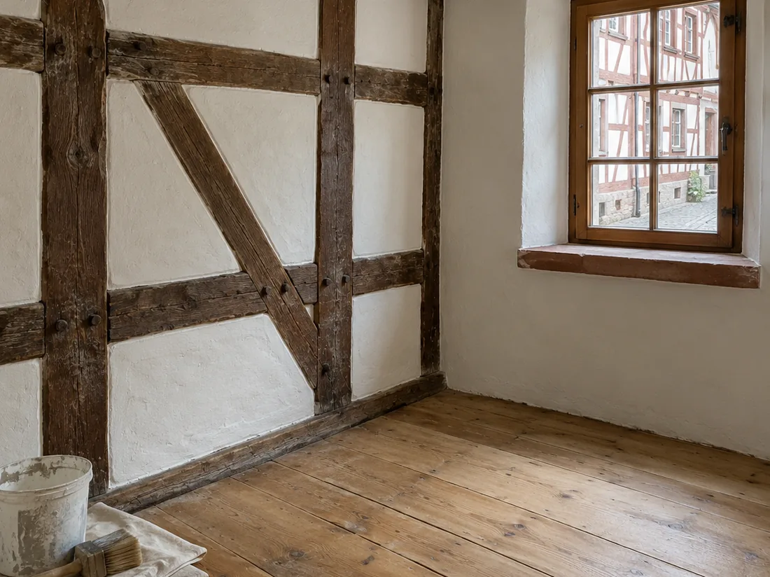 Fachwerkhaus Renovierung in Weinheim: freigelegtes Fachwerk mit frischem Kalkputz, aufgearbeitete Holzdielen und Blick in eine Gasse der Altstadt