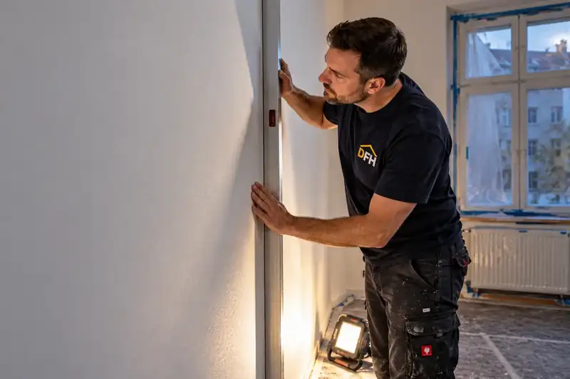 Gespachtelte Wand wird im Streiflicht auf Ebenheit geprüft