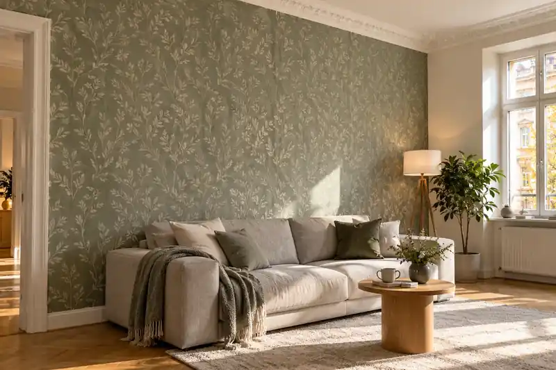 Wohnzimmer mit frisch tapezierter Akzentwand in Salbeigrün
