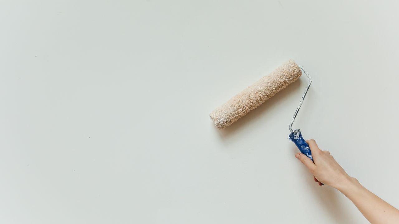Hand führt eine Farbrolle mit weißer Farbe über eine glatte Wand
