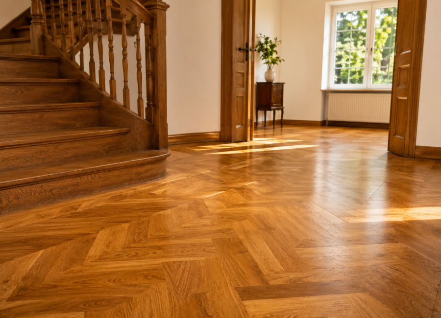 Parkett schleifen in Heidelberg: aufgearbeitetes Fischgrätparkett und sanierte Holztreppe im Altbau