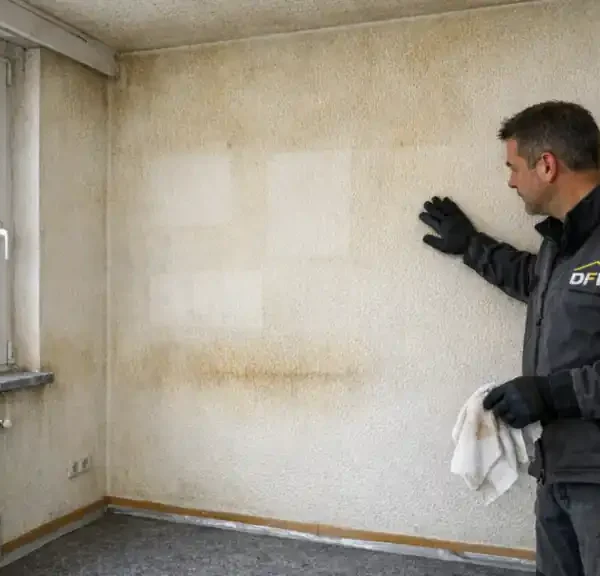 Raucherwohnung renovieren: Handwerker prüft vergilbte Raufaser mit Nikotinflecken, Boden mit Vlies abgedeckt