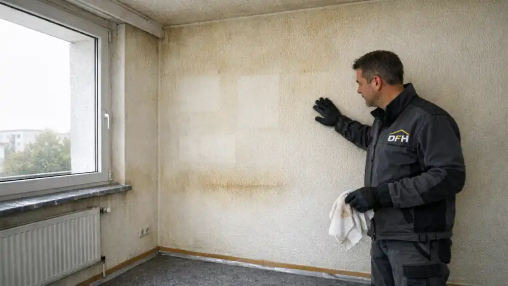 Raucherwohnung renovieren: Handwerker prüft vergilbte Raufaser mit Nikotinflecken, Boden mit Vlies abgedeckt