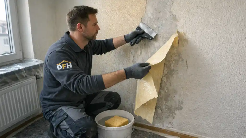 Maler löst vergilbte Raufasertapete mit dem Spachtel von der Wand, darunter der Putz, Boden mit Vlies abgedeckt