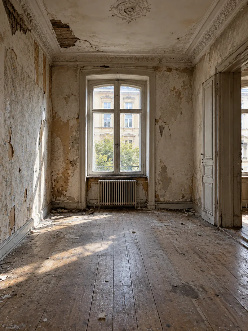 Renovierung Heidelberg: Altbauwohnung mit Stuckdecke vor der Renovierung, abblätternde Tapeten und abgenutzte Dielen