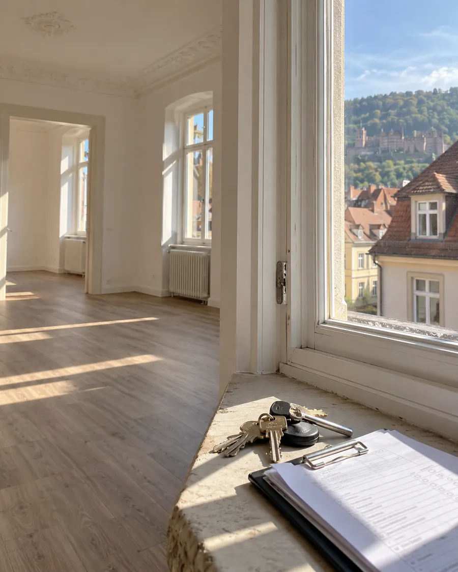 Renovierte Mietwohnung in Heidelberg mit Blick auf das Schloss, Schlüssel und Übergabeprotokoll auf der Fensterbank