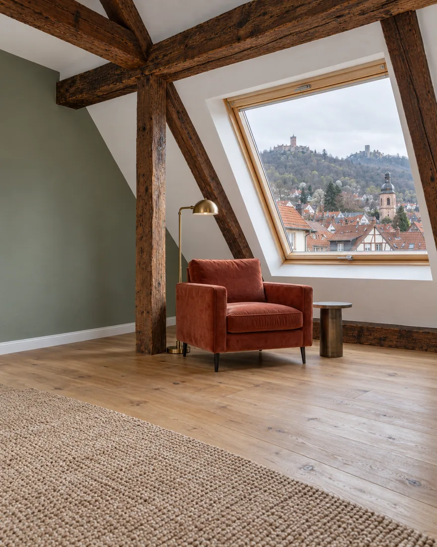 Renovierung Weinheim: dasselbe Dachgeschoss nach der Renovierung mit freigelegten Balken, hellen Dachschrägen, Eichendielen und Blick auf Wachenburg und Windeck