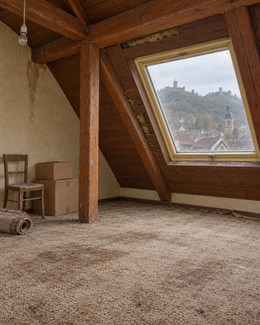 Renovierung Weinheim: Dachgeschoss in der Altstadt vor der Renovierung mit alter Holzverkleidung, fleckigem Teppich und Blick auf die Wachenburg