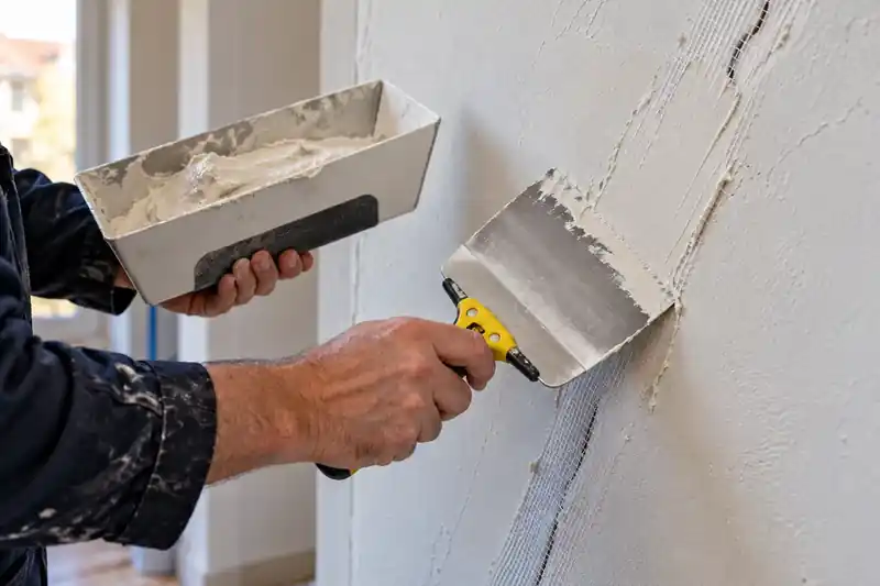 Riss in der Wand wird mit Gewebeband überbrückt und gespachtelt