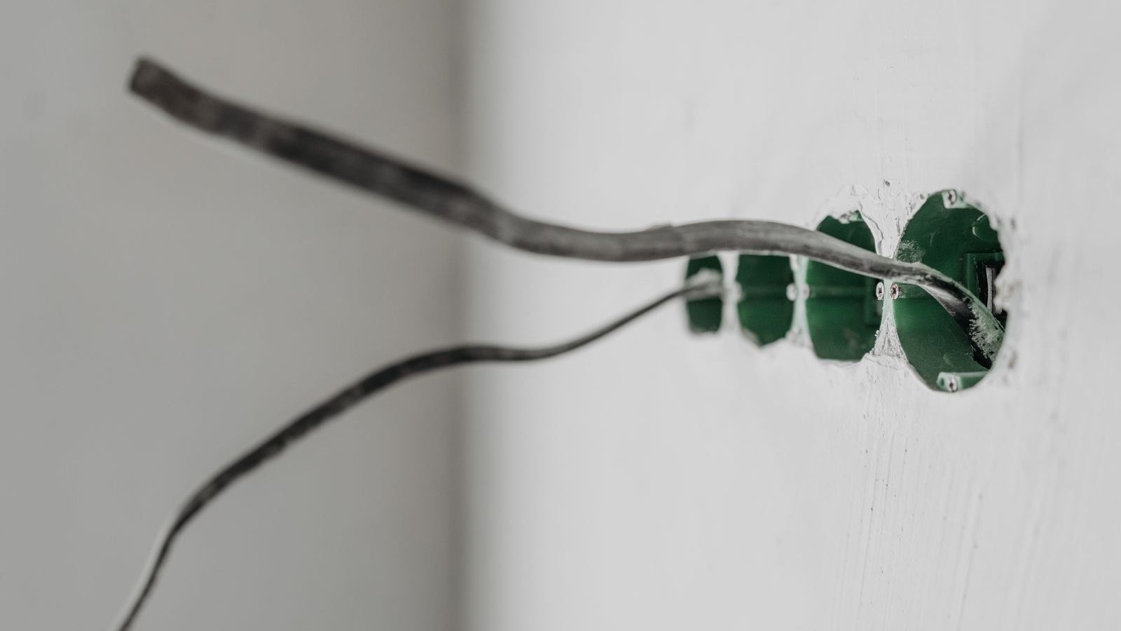 Neue Elektroleitungen ragen aus grünen Unterputzdosen in einer frisch verputzten Wand
