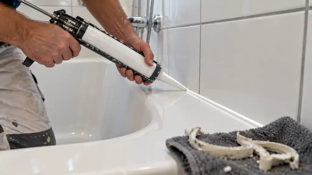 Handwerker erneuert die Silikonfuge zwischen Badewanne und Wandfliesen, daneben liegt die entfernte alte Fuge auf einem Tuch